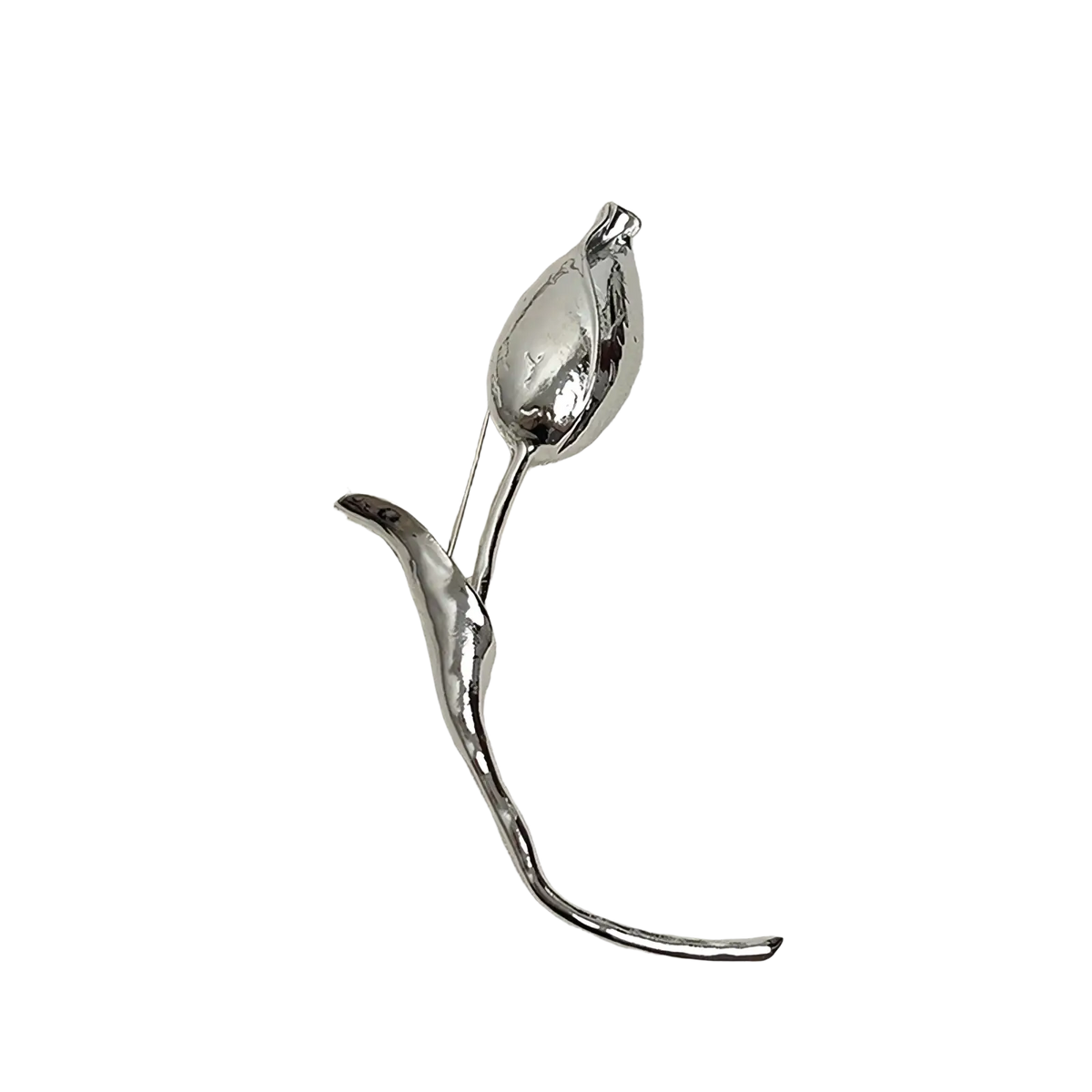 A sleek silver-toned metal flower brooch pin shaped like a stylized lotus bud for elegant suit corsage use