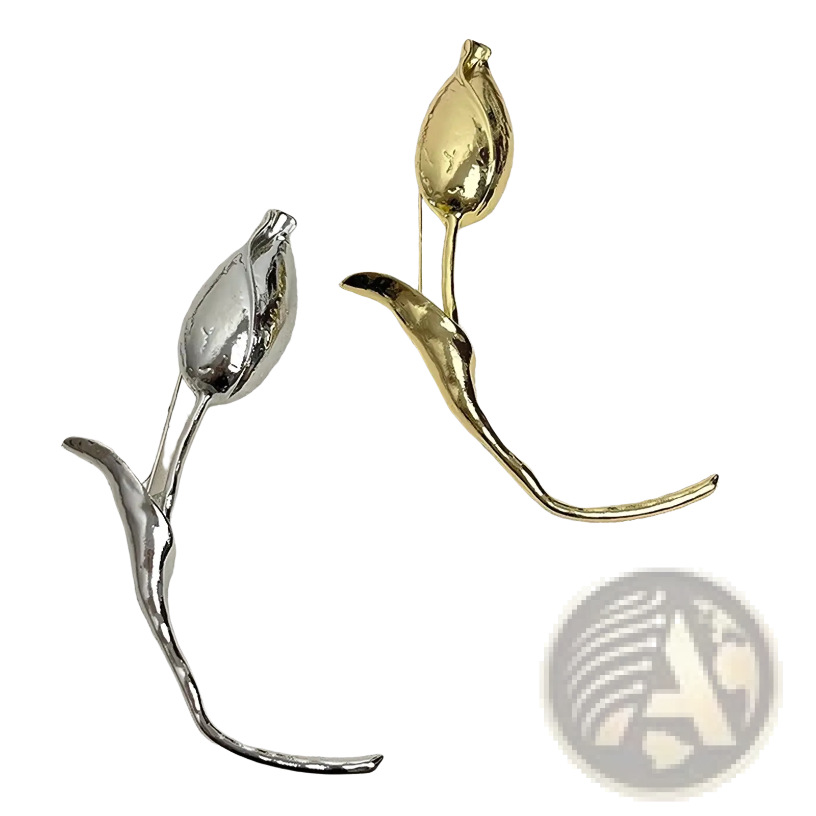 Two metallic flower brooch pins in polished silver and gold tone for elegant suit corsage decoration
