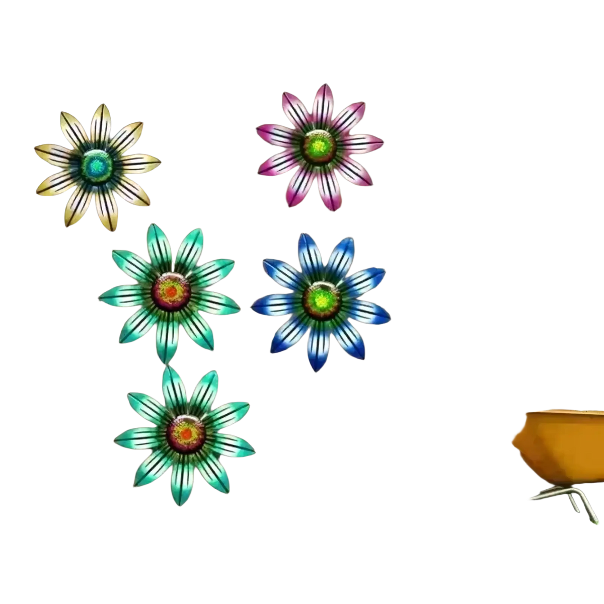 Colorful metal sunflower wall art sculpture featuring vibrant petals and glossy centers for decorative use