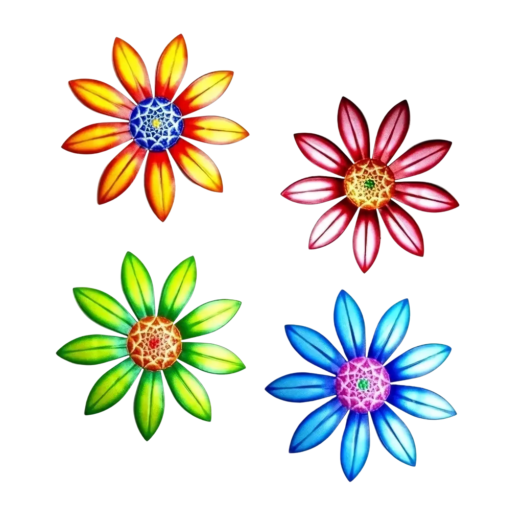 Metal flower wall art sculpture featuring four vibrant stylized flowers with intricate geometric rainbow centers