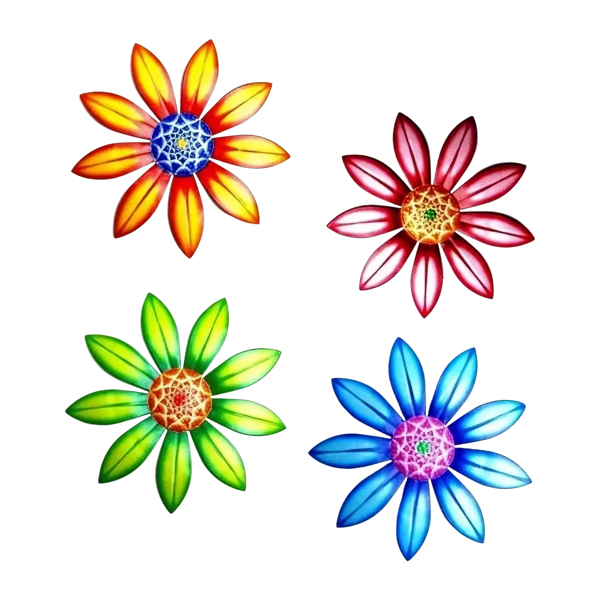 Metal flower wall art sculpture featuring four vibrant stylized flowers with intricate geometric rainbow centers