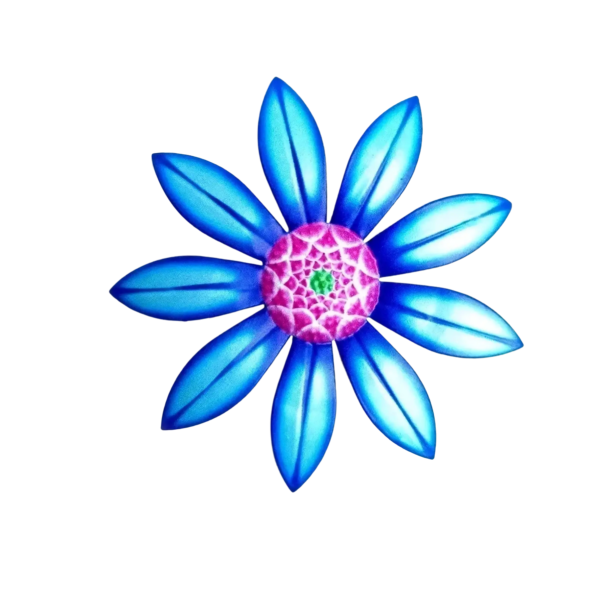 Metal flower wall art sculpture featuring a vibrant blue metal flower with a detailed pink and green center measuring 17cm by 17cm