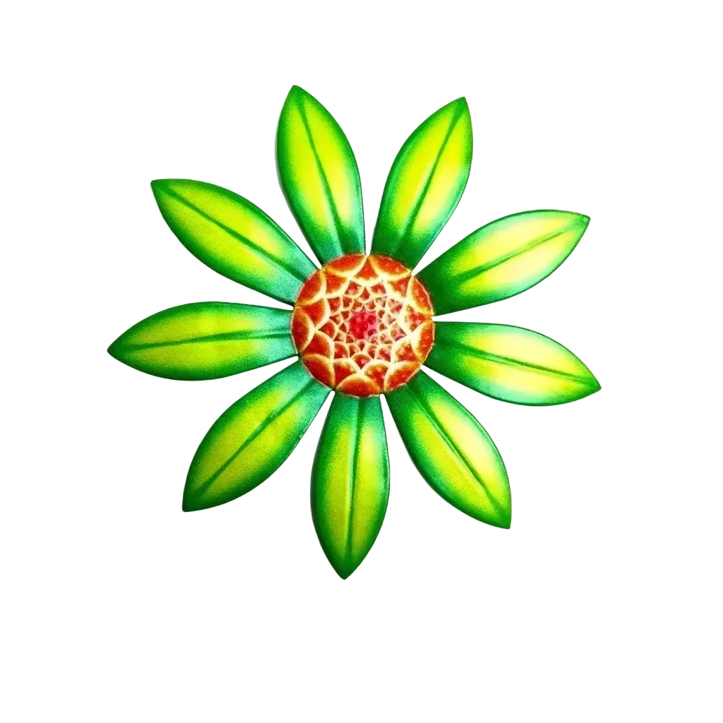 Metal flower wall art sculpture featuring a vibrant green and orange painted metal stylized flower with eight petals