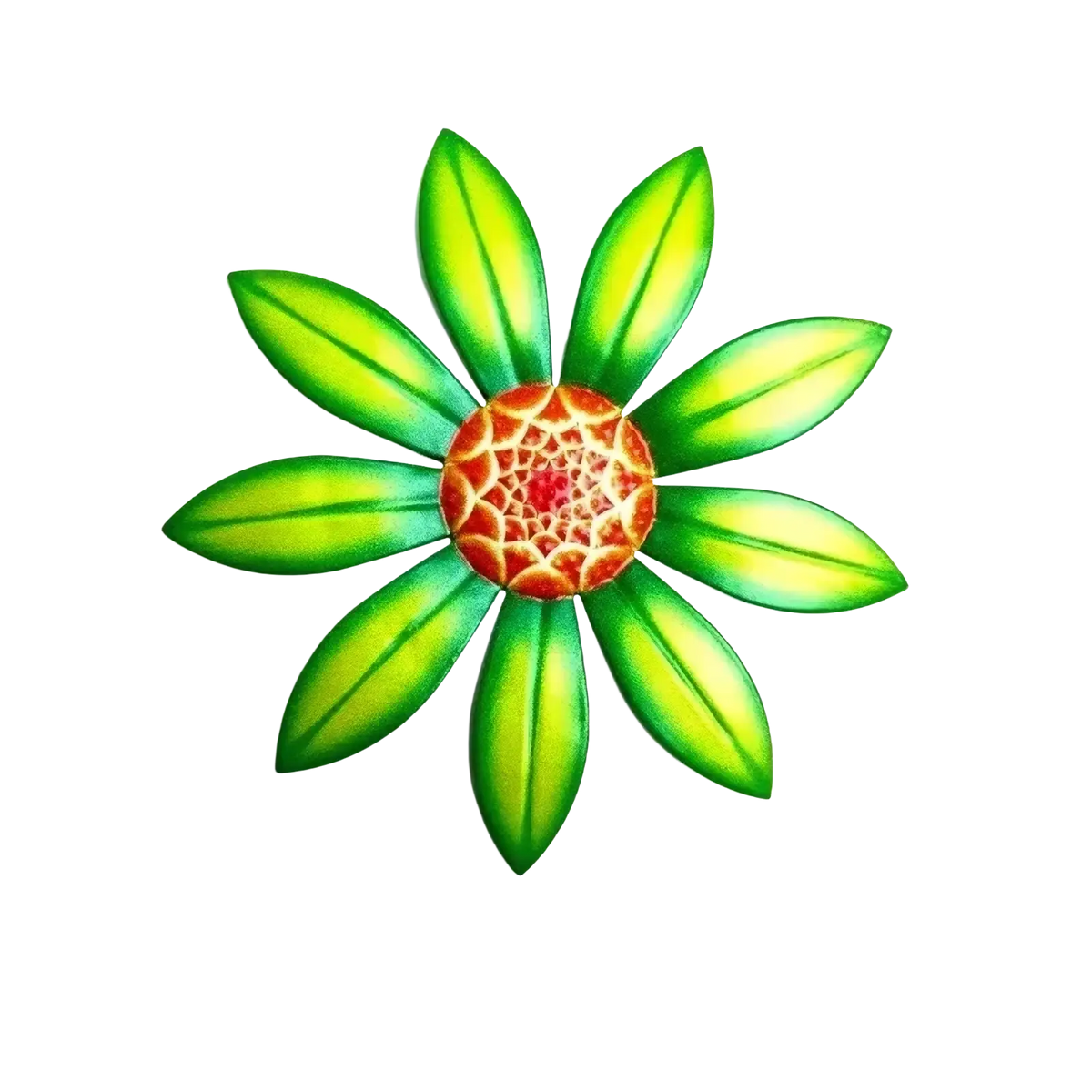 Metal flower wall art sculpture featuring a vibrant green and orange painted metal stylized flower with eight petals