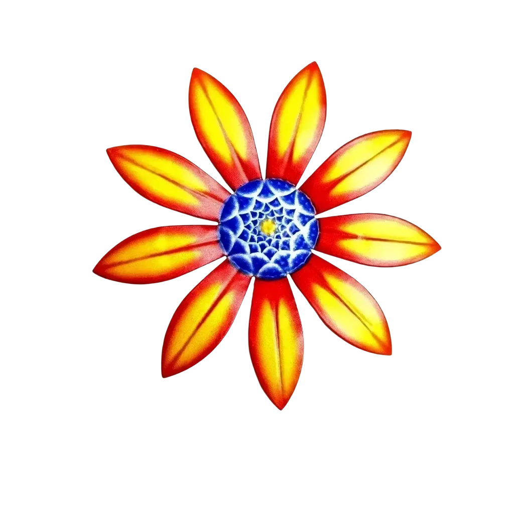 Metal flower wall art sculpture featuring vibrant orange and yellow metal sunflower petals with a detailed blue center
