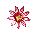 Metal flower wall art sculpture featuring a vibrant red metal flower with a detailed golden center and green accent measuring 17cm by 17cm