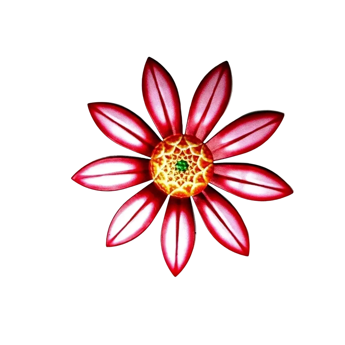 Metal flower wall art sculpture featuring a vibrant red metal flower with a detailed golden center and green accent measuring 17cm by 17cm