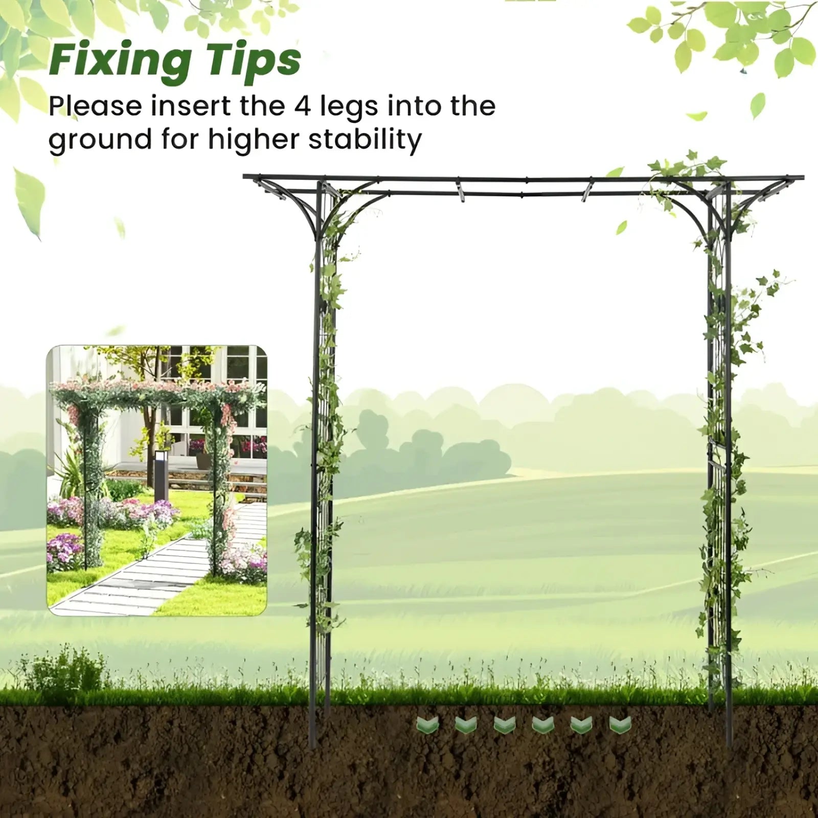 Black metal garden arbor archway with curved legs and decorative scrollwork for supporting climbing plants 81in tall