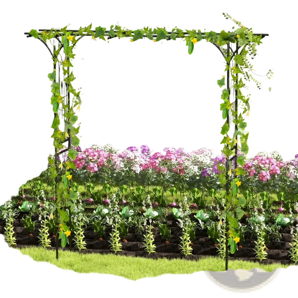 Black wrought iron metal garden arbor archway 81in adorned with artificial green vines and yellow flowers for climbing plants