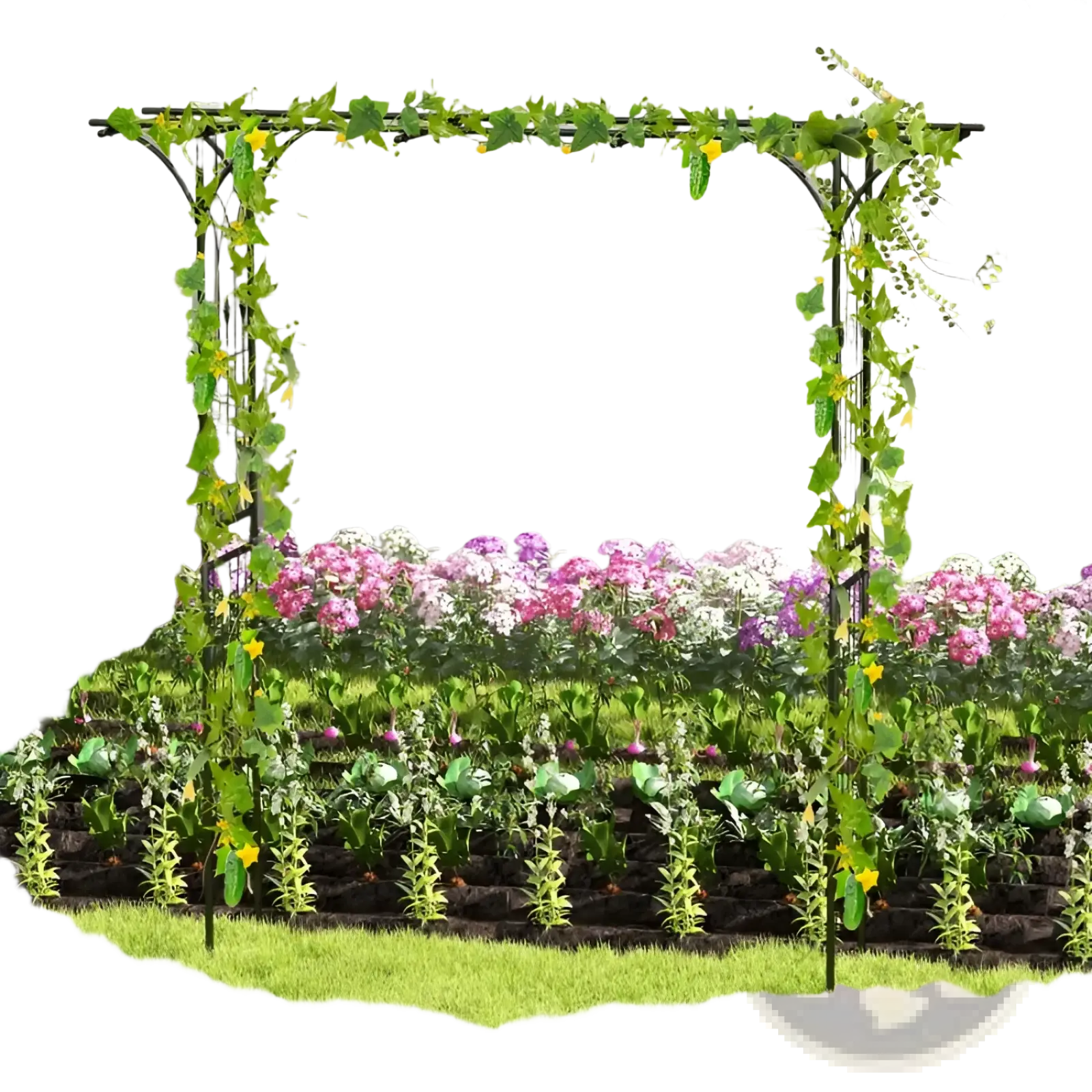 Black wrought iron metal garden arbor archway 81in adorned with artificial green vines and yellow flowers for climbing plants