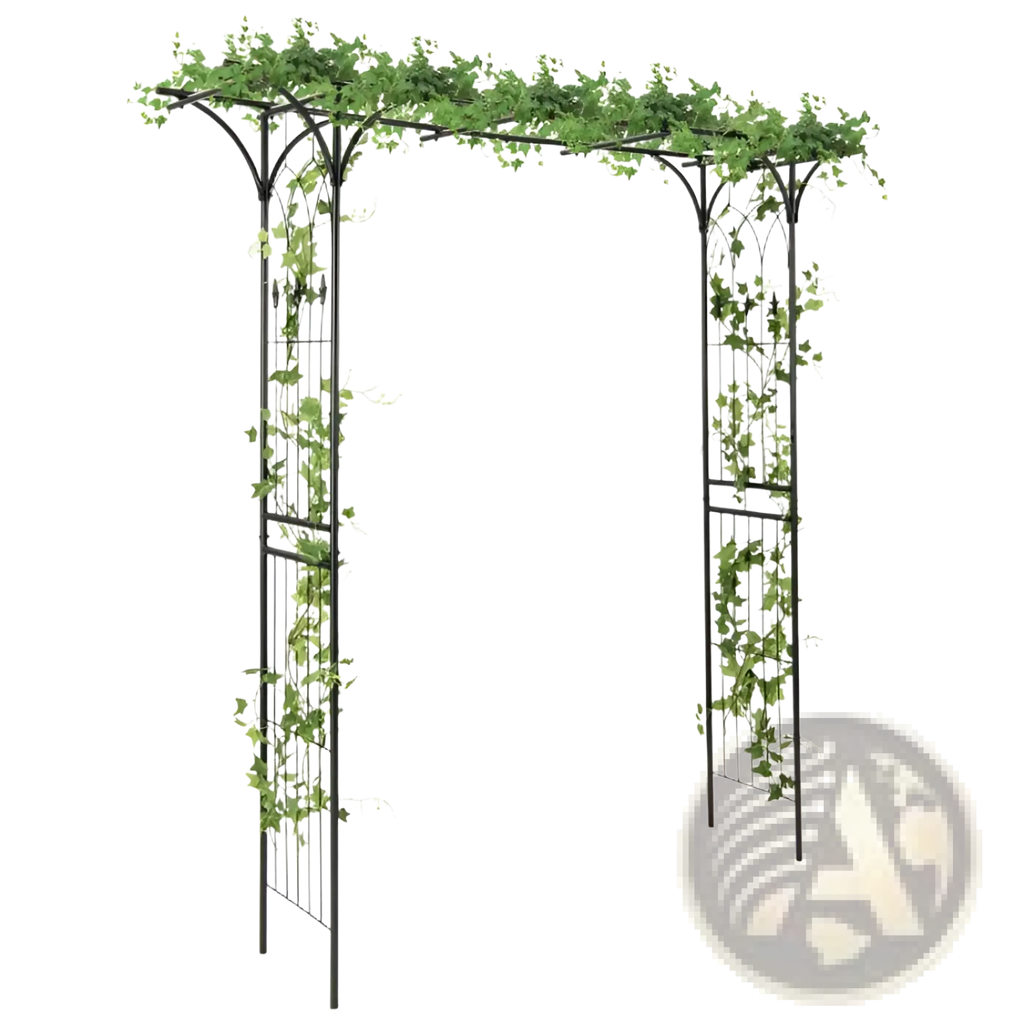 Black wrought iron metal garden arbor archway 81in adorned with lush green ivy vines for climbing plants