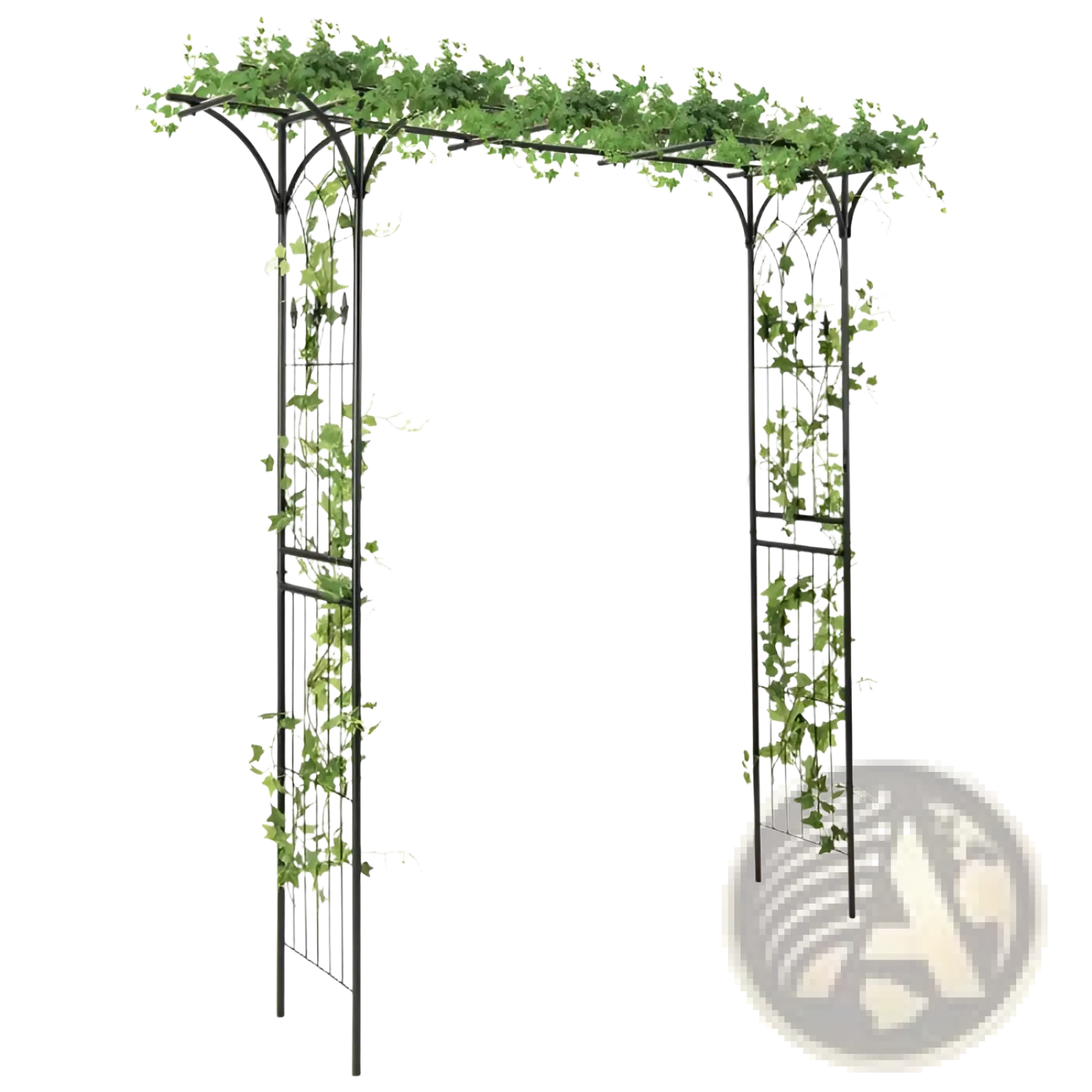 Black wrought iron metal garden arbor archway 81in adorned with lush green ivy vines for climbing plants