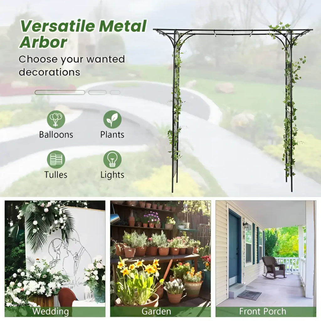 Black metal garden arbor archway with intricate scrollwork design for climbing plants 81in tall