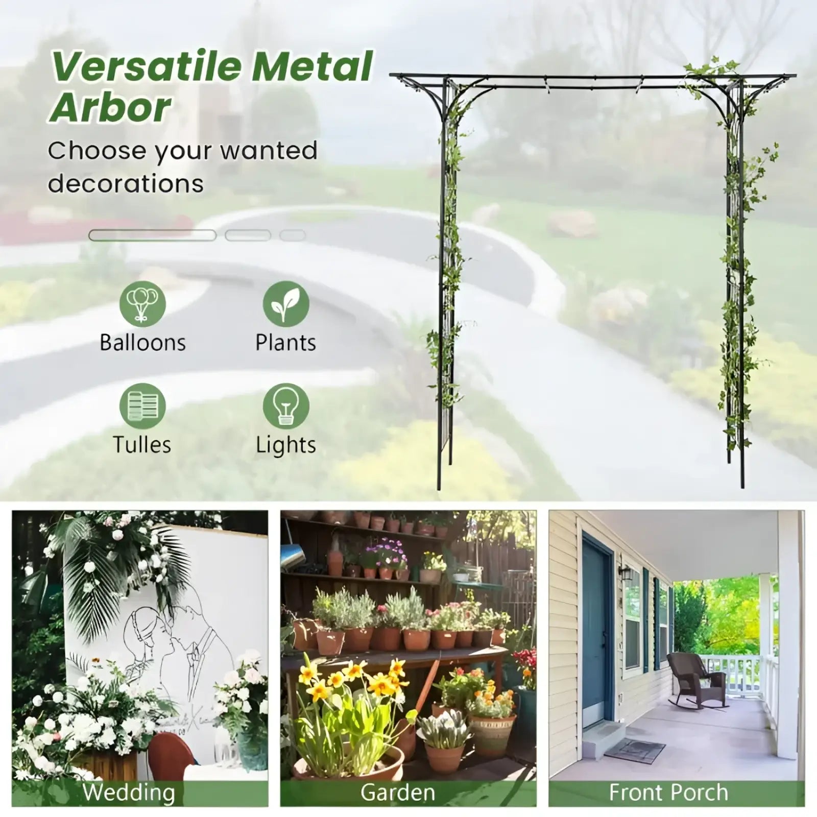 Black metal garden arbor archway with intricate scrollwork design for climbing plants 81in tall