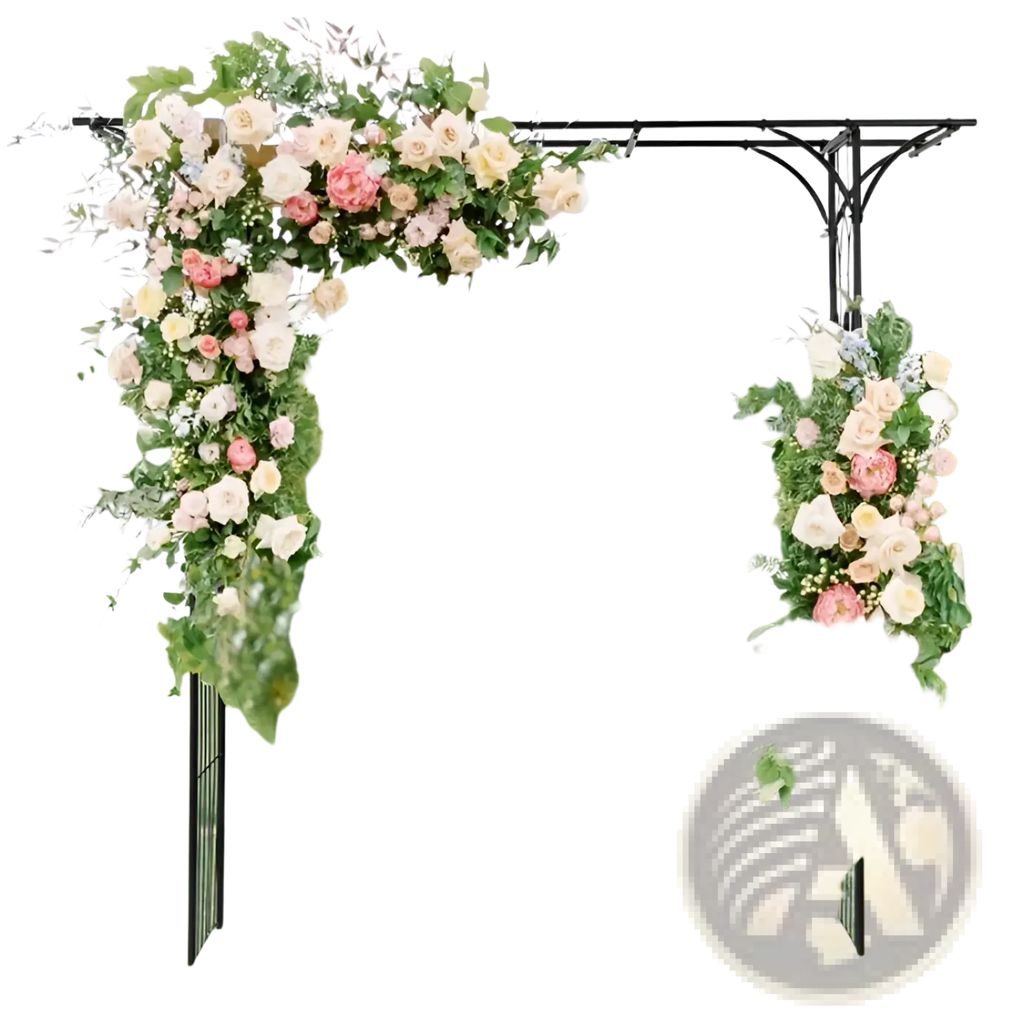Black wrought iron metal garden arbor archway 81in adorned with pink cream white roses and green foliage for climbing plants