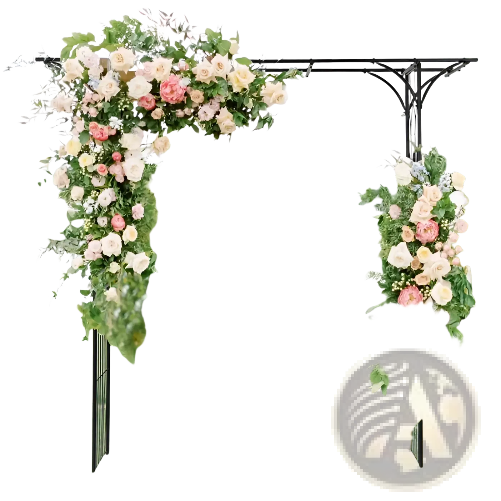 Black wrought iron metal garden arbor archway 81in adorned with pink cream white roses and green foliage for climbing plants