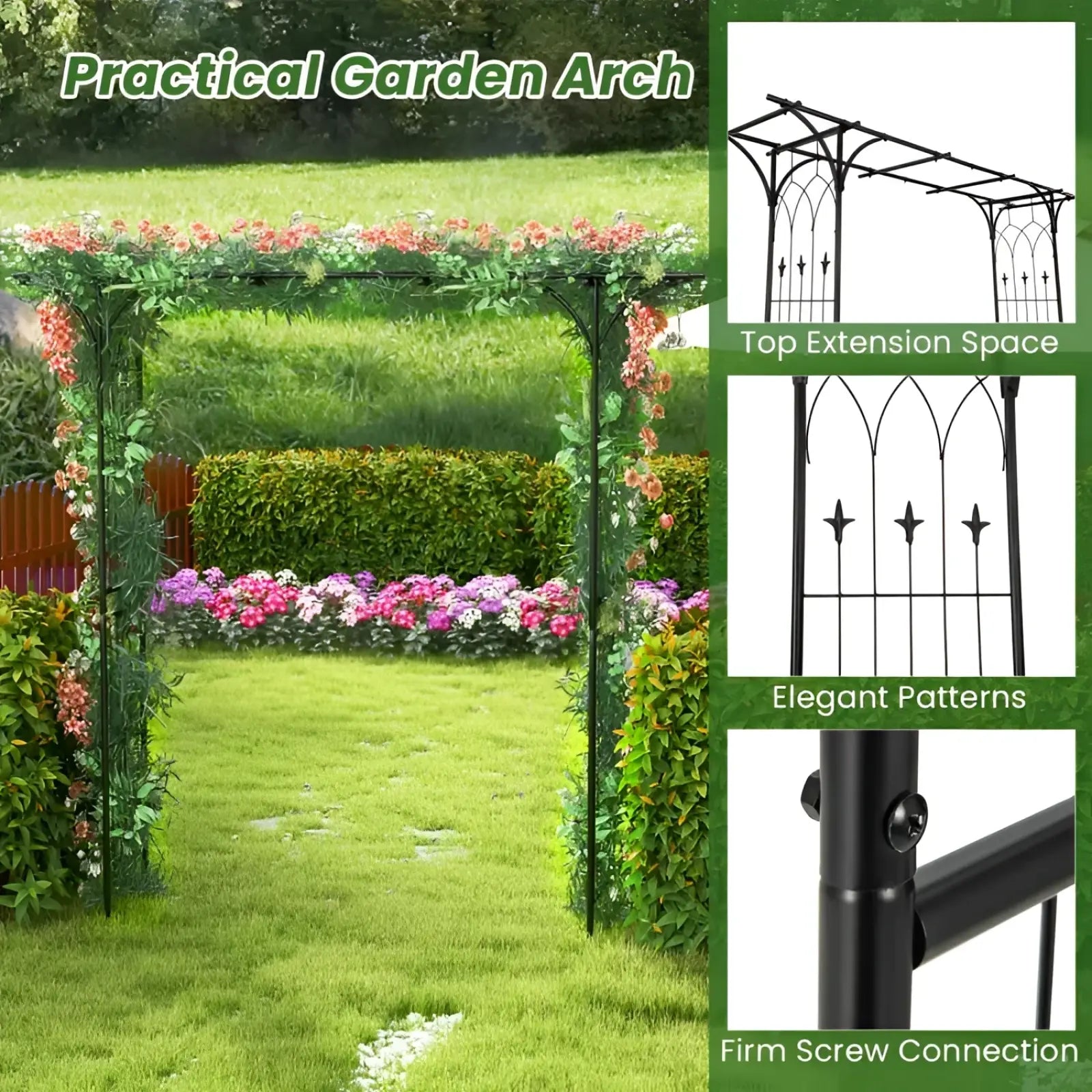 Black metal garden arbor archway with elegant gothic-style patterns and top extension for climbing plants 81in tall