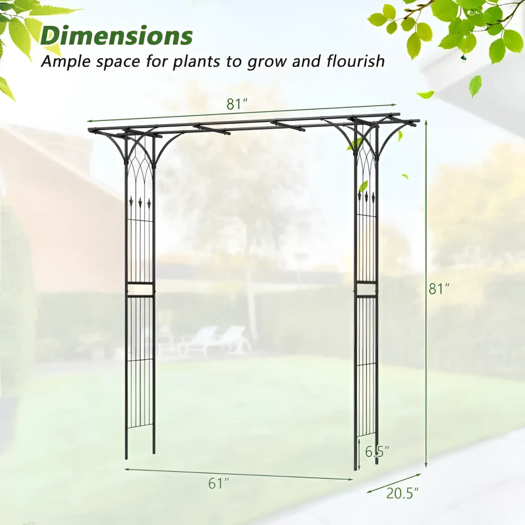 Black wrought iron metal garden arbor archway 81in with ornate vertical posts and horizontal beams for climbing plants
