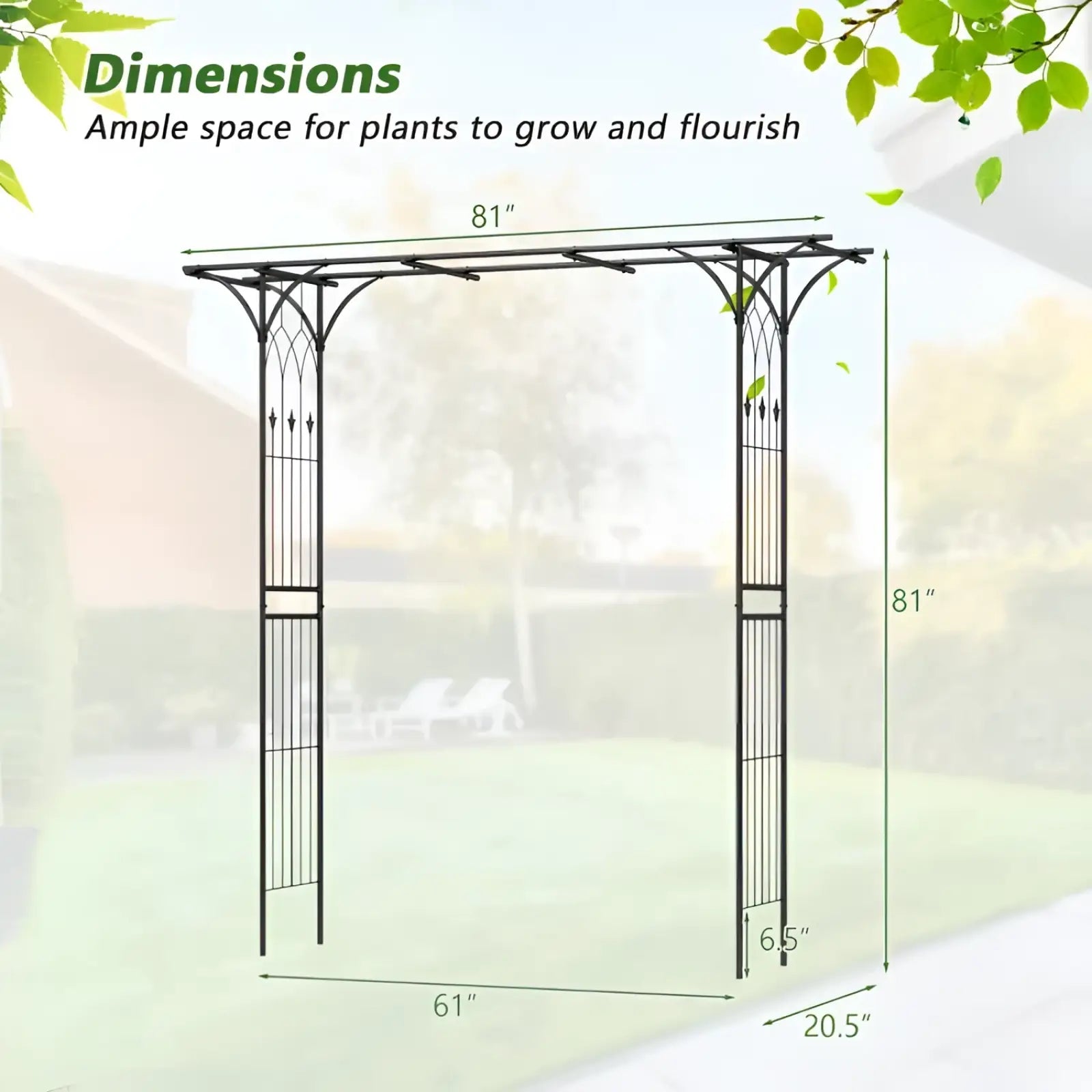 Black wrought iron metal garden arbor archway 81in with ornate vertical posts and horizontal beams for climbing plants