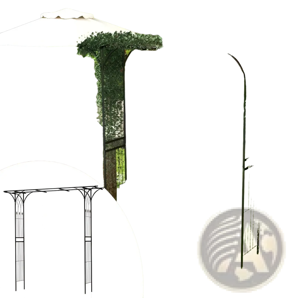 Black metal garden arbor archway with artificial green ivy vines draped over its frame for climbing plants 81in