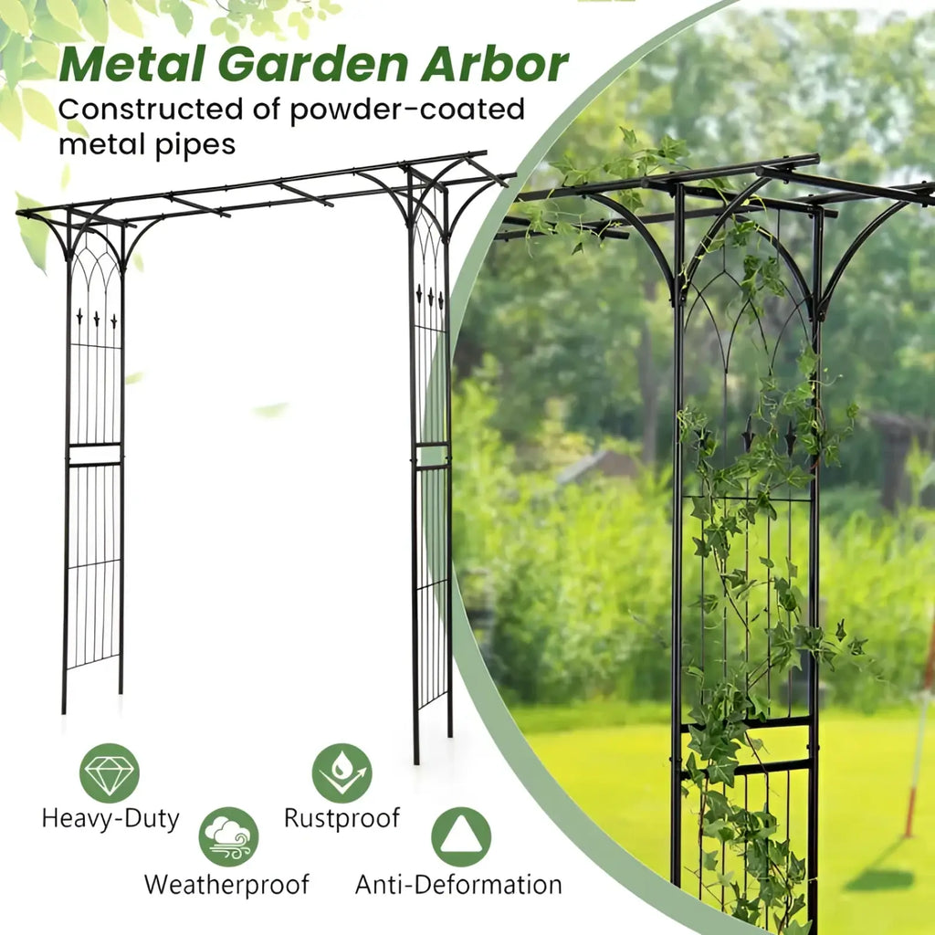 Black metal garden arbor archway with ornate arches and vertical lattice made from powder-coated pipes for climbing plants