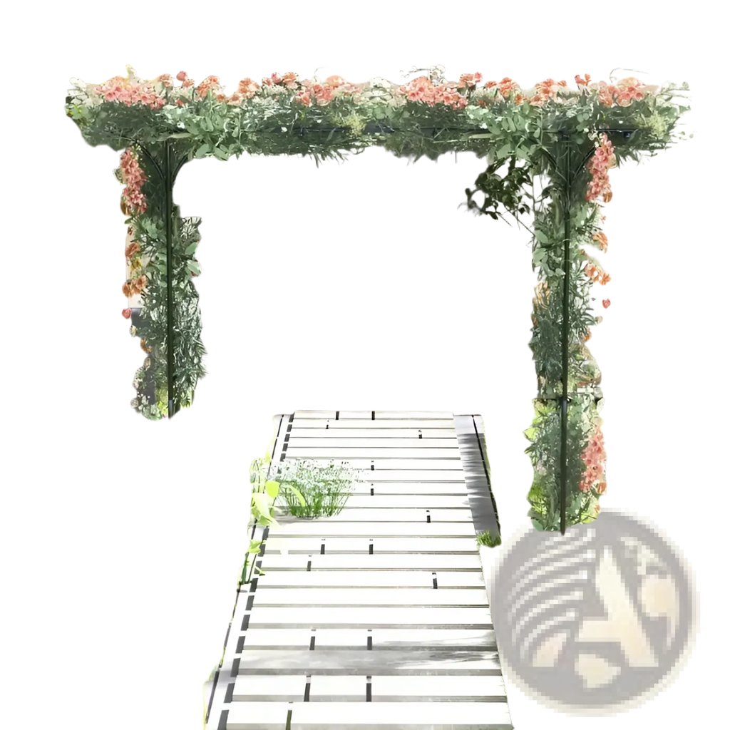 Black metal garden arbor archway 81in decorated with climbing greenery and pink flowers for plants