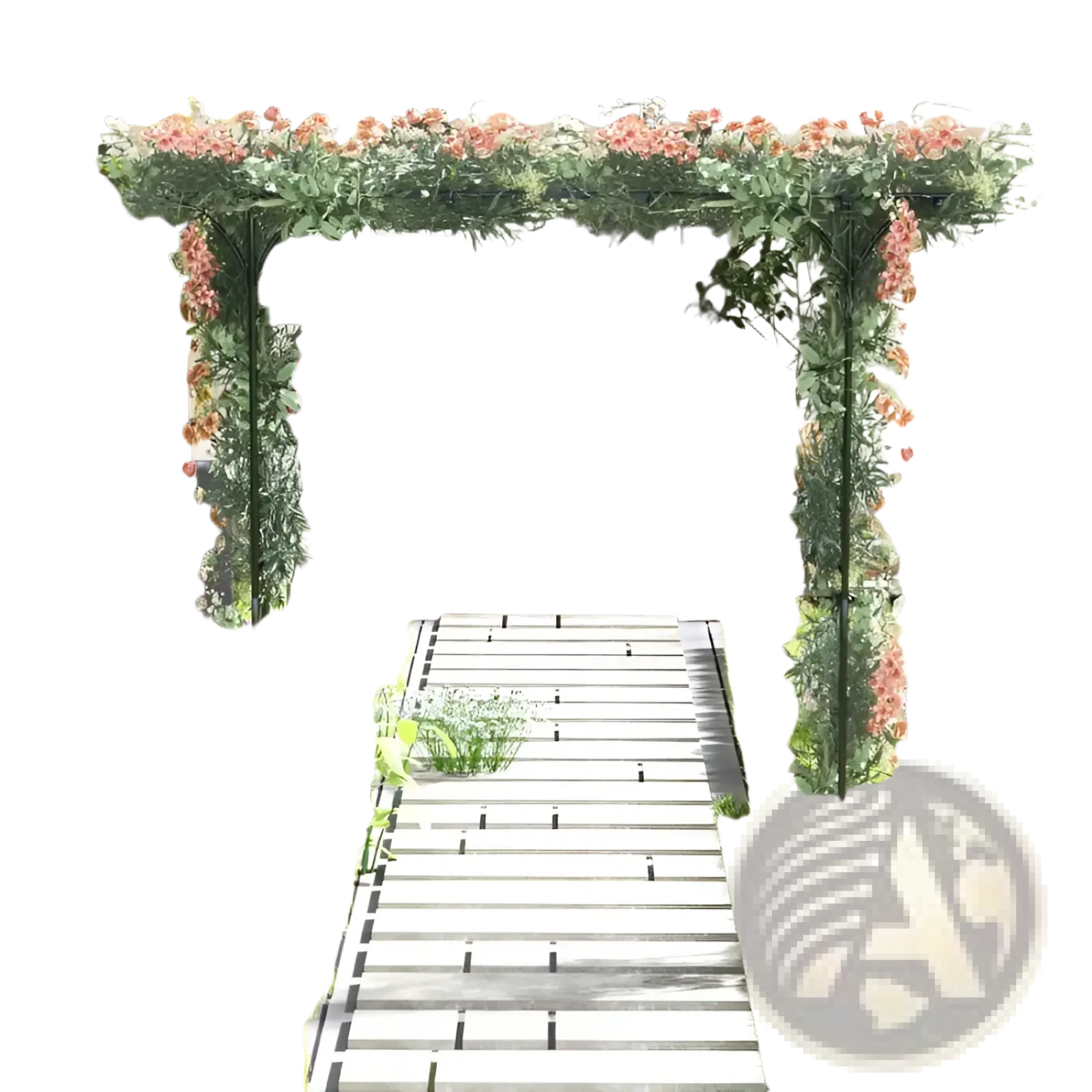 Black metal garden arbor archway 81in decorated with climbing greenery and pink flowers for plants