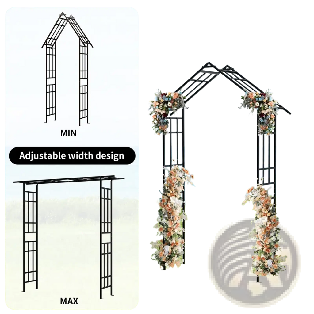 Black metal garden arch with adjustable width design adorned with floral arrangements for outdoor use