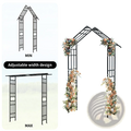 Black metal garden arch with adjustable width design adorned with floral arrangements for outdoor use