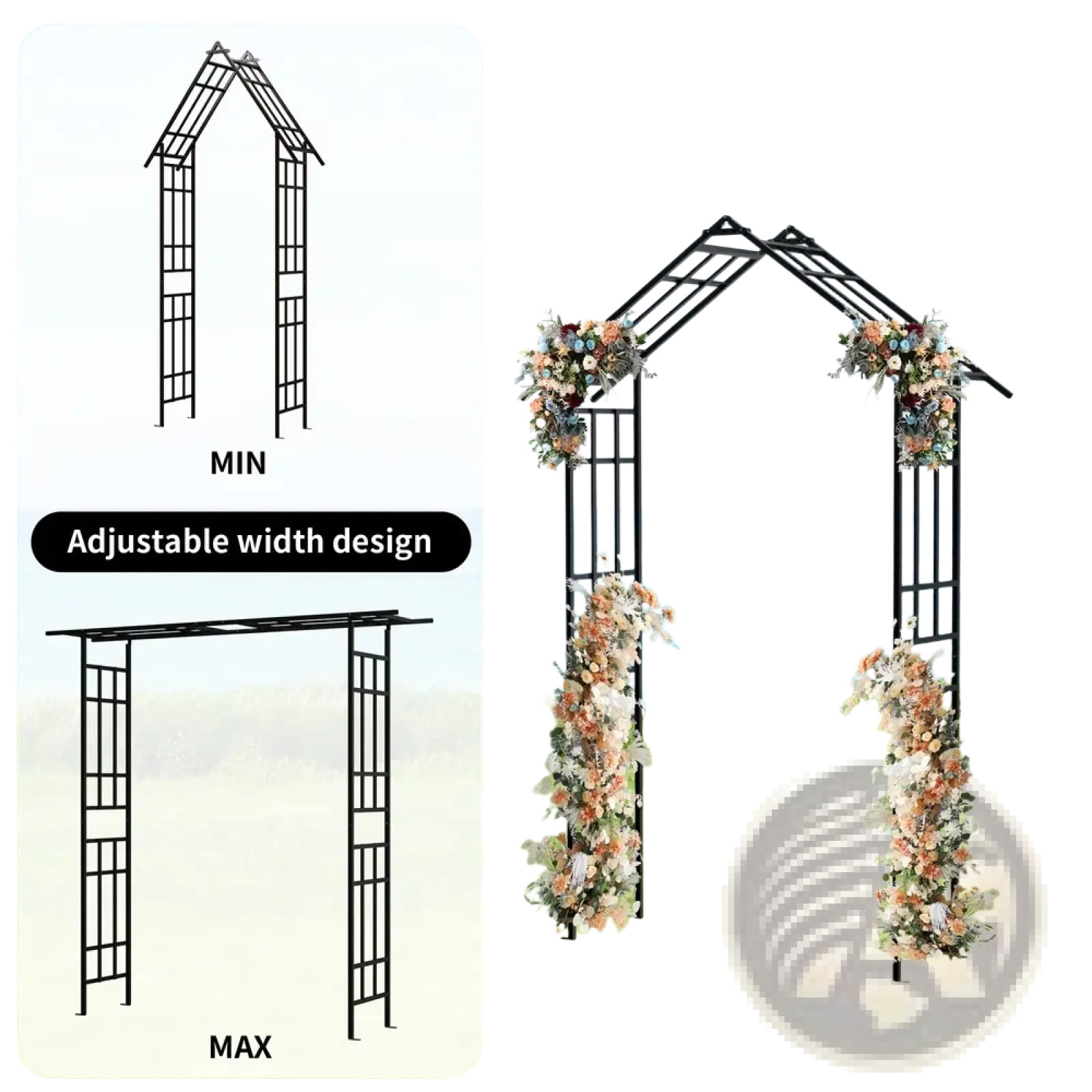 Black metal garden arch with adjustable width design adorned with floral arrangements for outdoor use