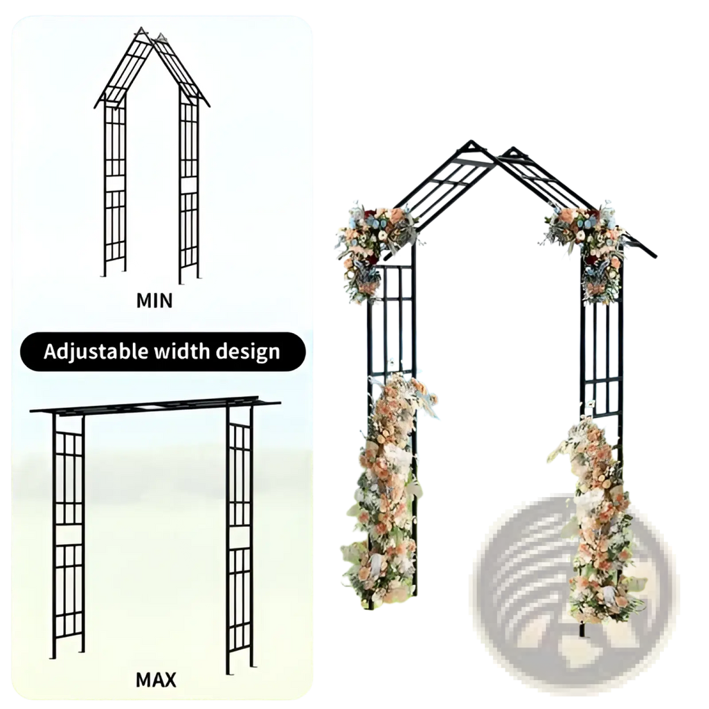 Black metal garden arch with adjustable width design adorned with floral arrangements for outdoor use