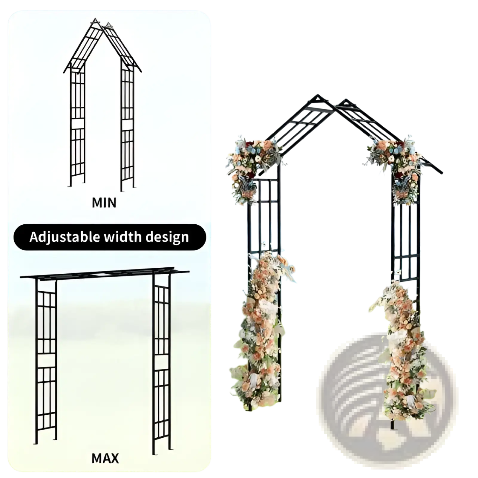 Black metal garden arch with adjustable width design adorned with floral arrangements for outdoor use