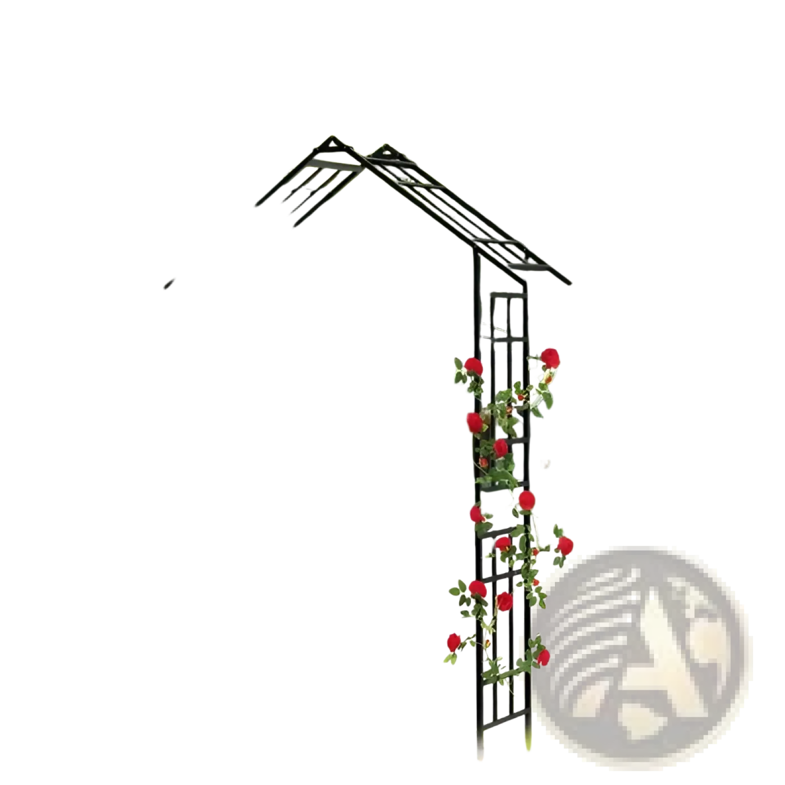 Black metal garden arch with adjustable width adorned with vibrant red roses for outdoor garden use