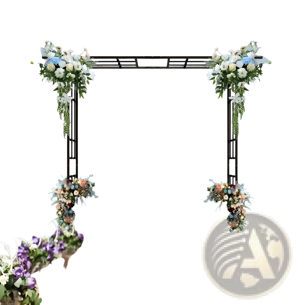 Metal garden arch adjustable width black arbor with black metal wedding arch adorned with white blue and green floral arrangements