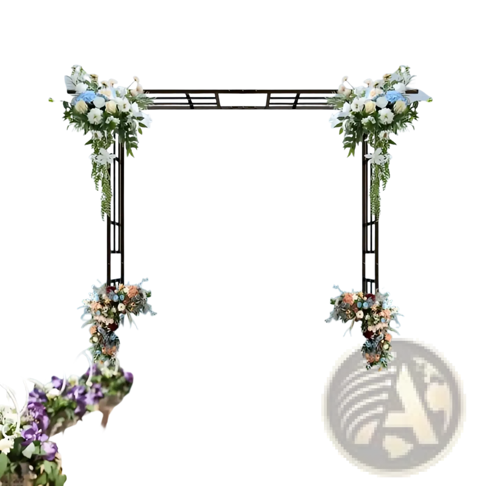 Metal garden arch adjustable width black arbor with black metal wedding arch adorned with white blue and green floral arrangements