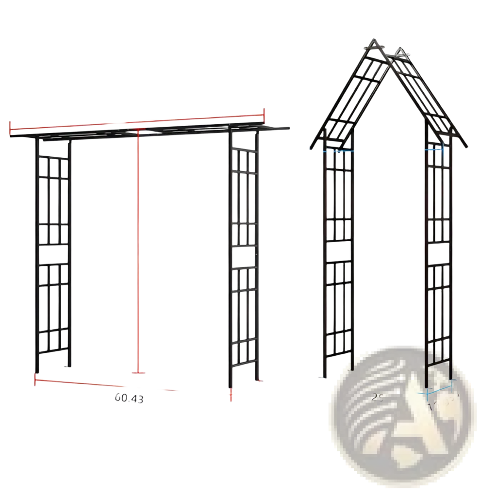 Black metal garden arbor with peaked roof and vertical lattice panels adjustable width for outdoor use