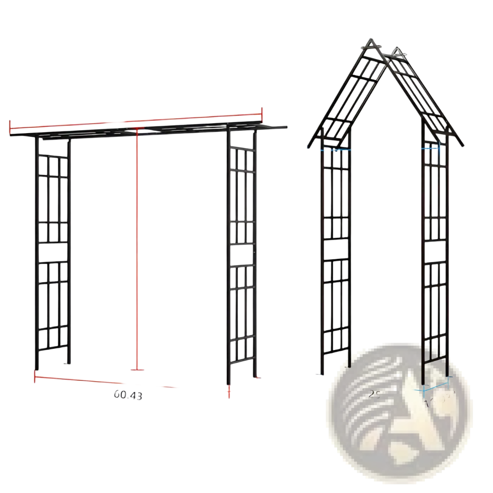 Black metal garden arbor with peaked roof and vertical lattice panels adjustable width for outdoor use
