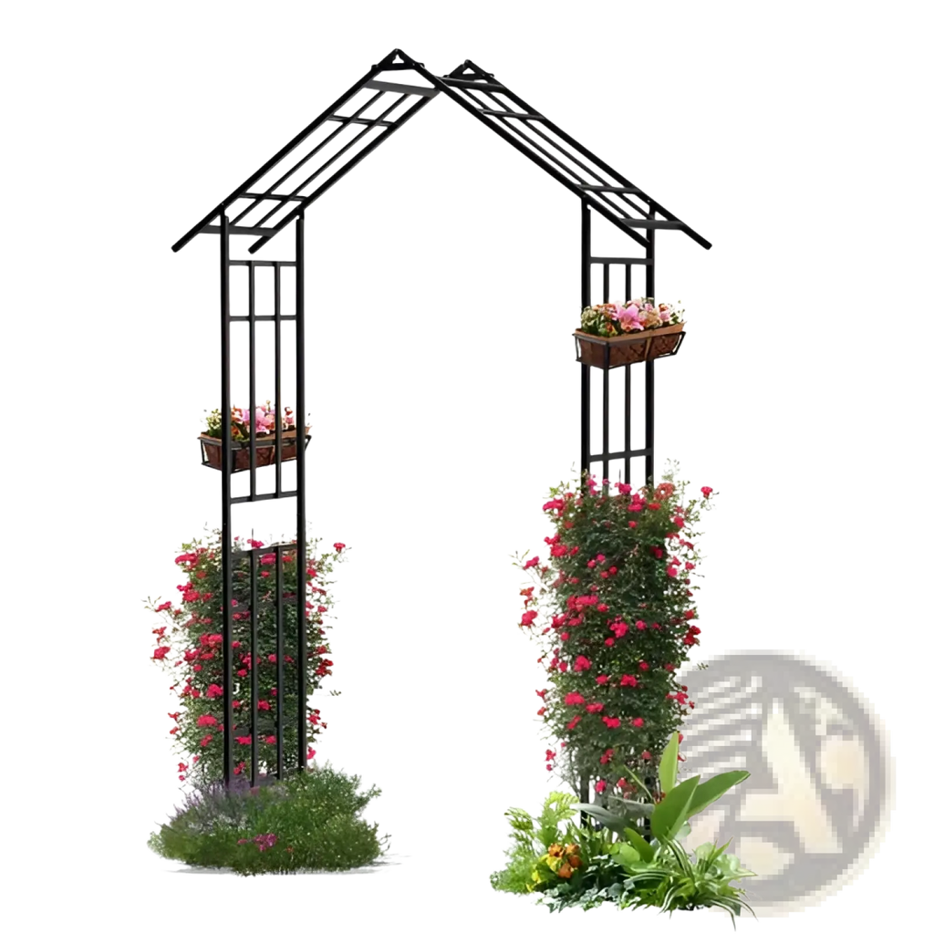 Black metal garden arbor with peaked roof design featuring vertical and horizontal bars forming adjustable archway