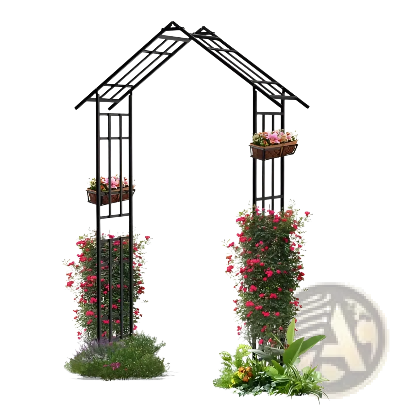 Black metal garden arbor with peaked roof design featuring vertical and horizontal bars forming adjustable archway