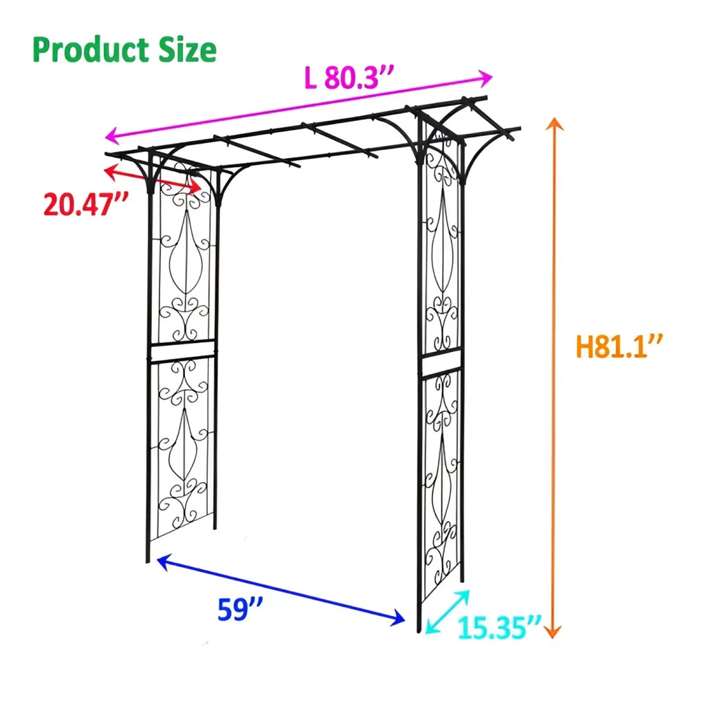Black wrought iron metal garden arch with ornate scrollwork and rose design for outdoor garden use