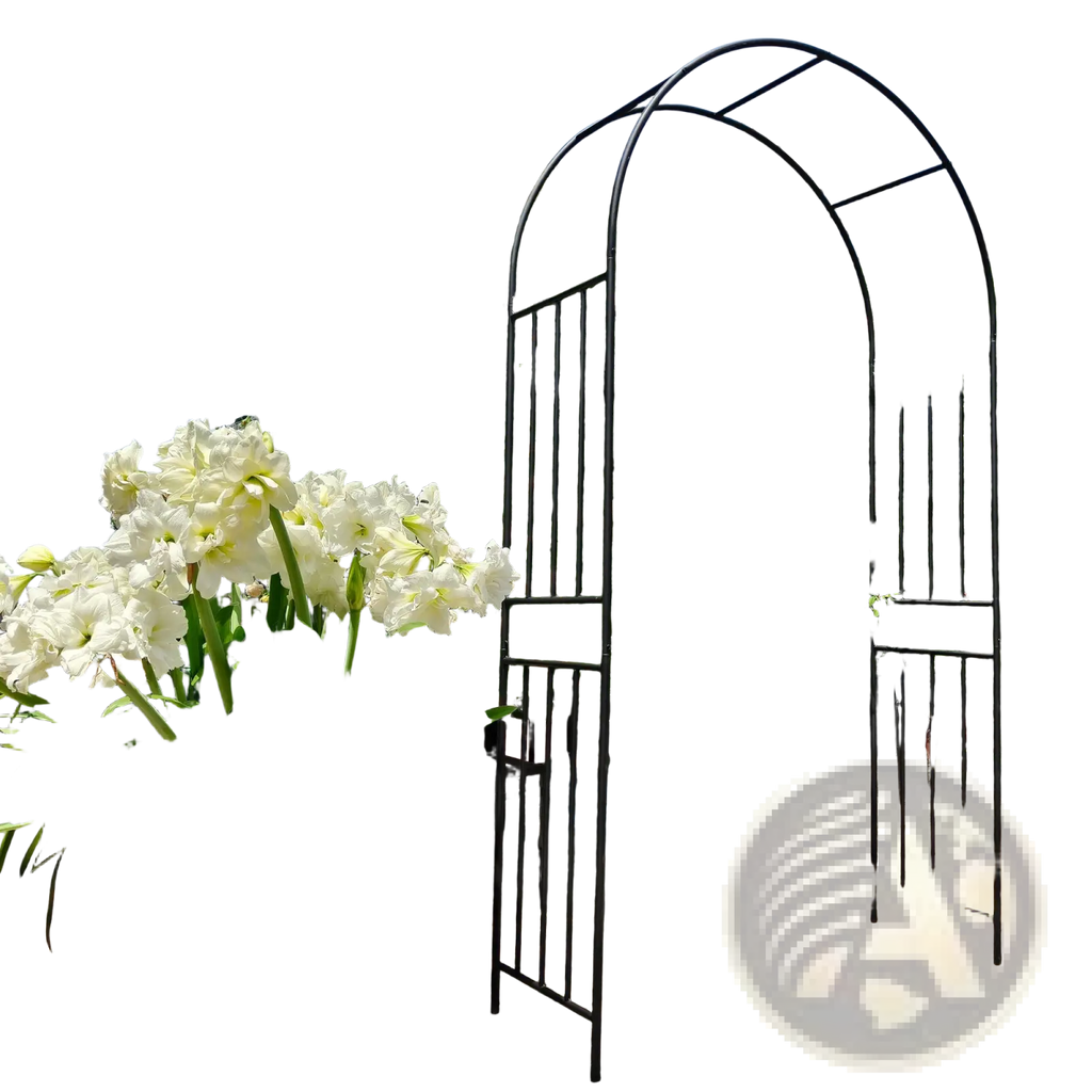 Black wrought iron garden arbor with curved top and vertical bars supporting climbing roses for outdoor use