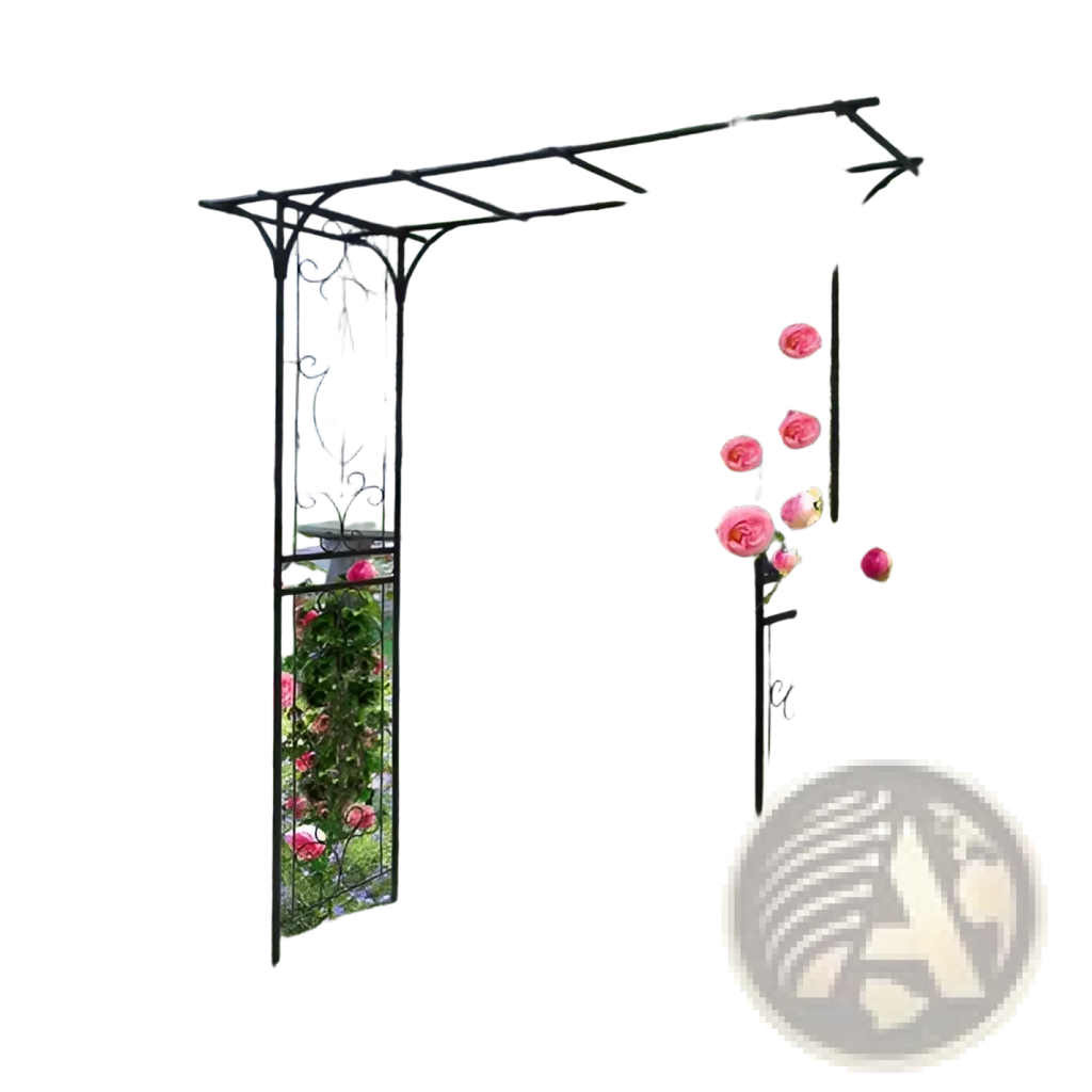 Black wrought iron garden arbor with ornate scrollwork and climbing pink roses metal garden arch rose arbor