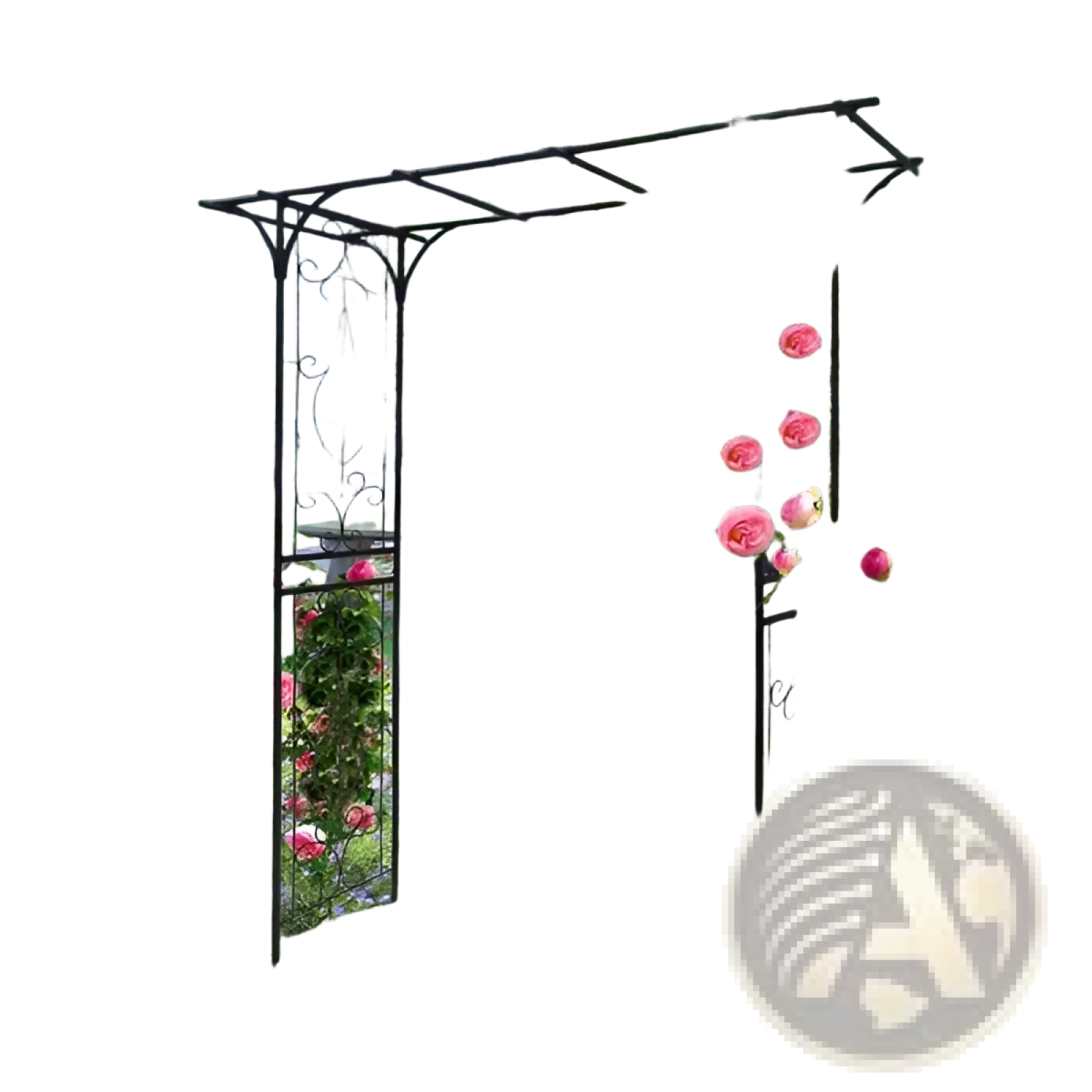 Black wrought iron garden arbor with ornate scrollwork and climbing pink roses metal garden arch rose arbor