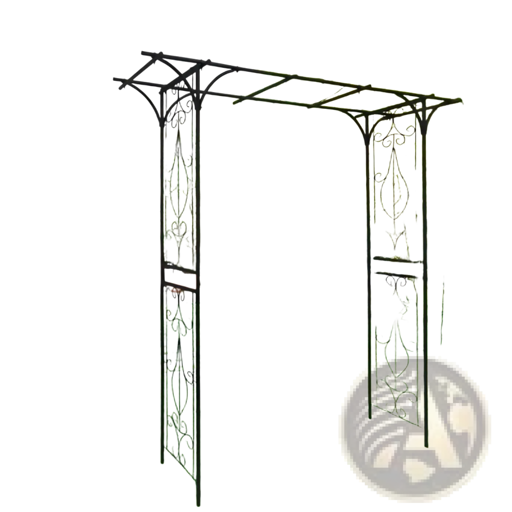 Black wrought iron garden arbor with ornate scrollwork design metal garden arch for outdoor rose support