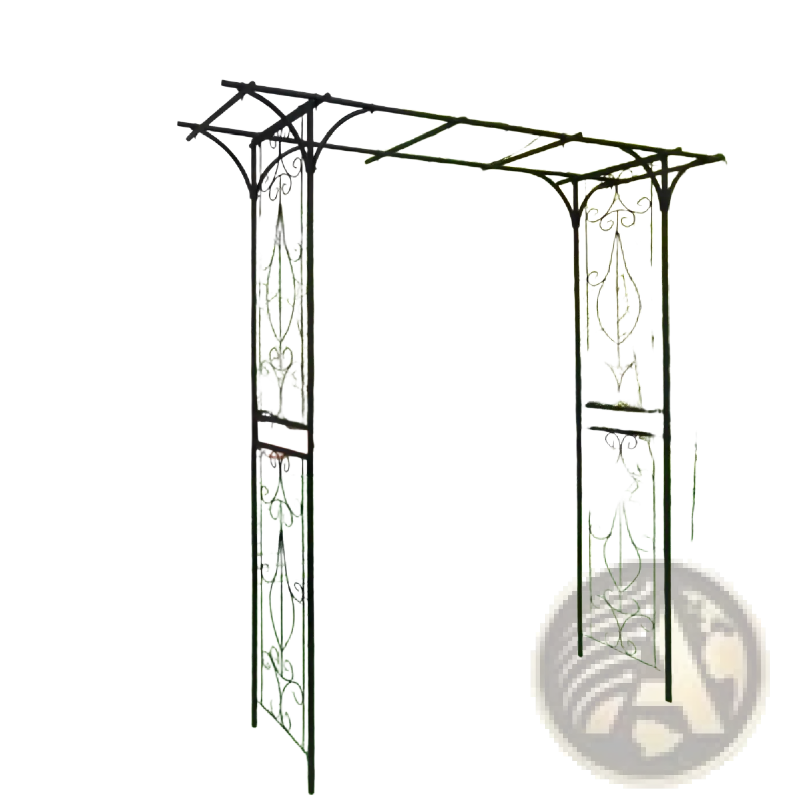 Black wrought iron garden arbor with ornate scrollwork design metal garden arch for outdoor rose support