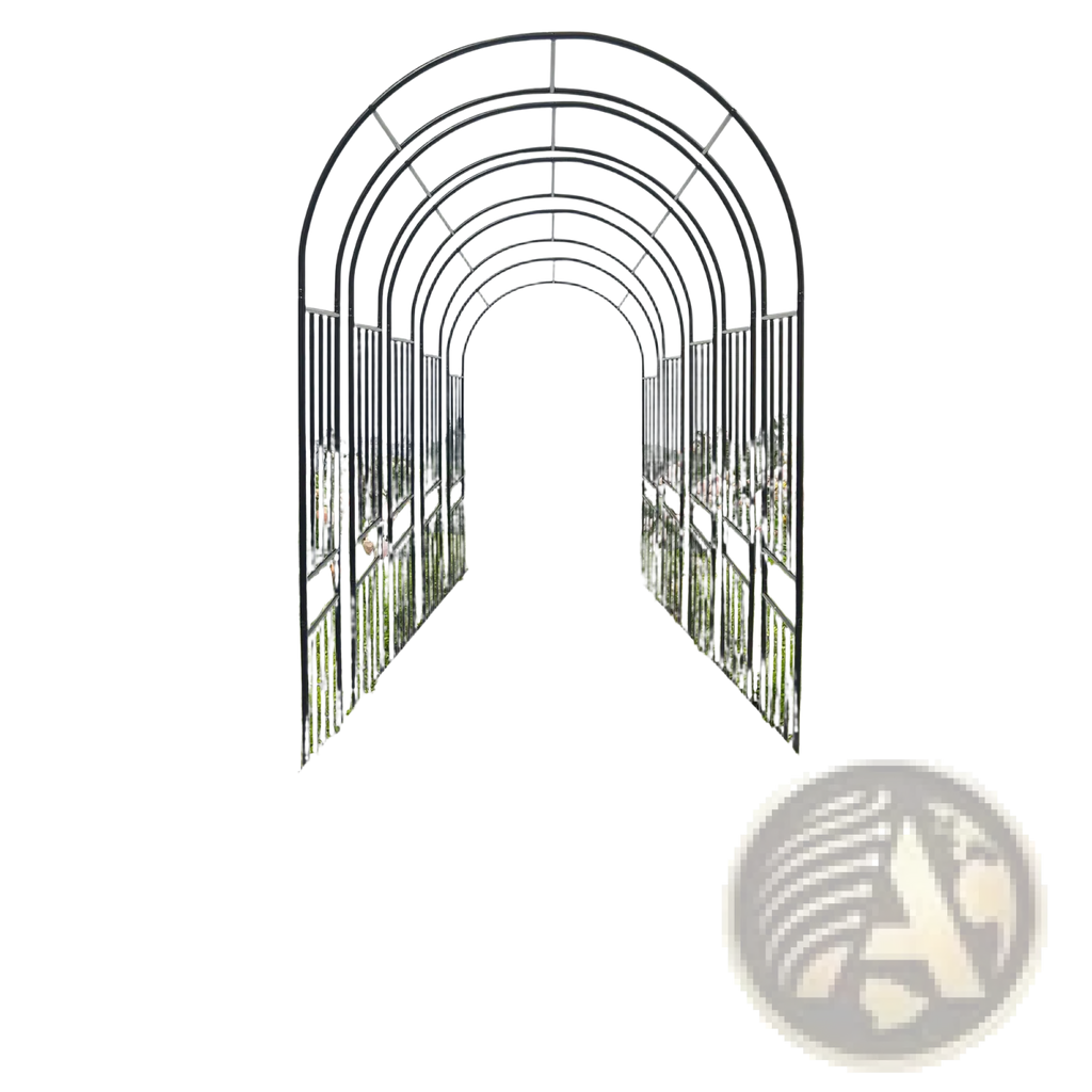 Black metal garden arch with vertical supports flanked by rose bushes and greenery in wrought iron design