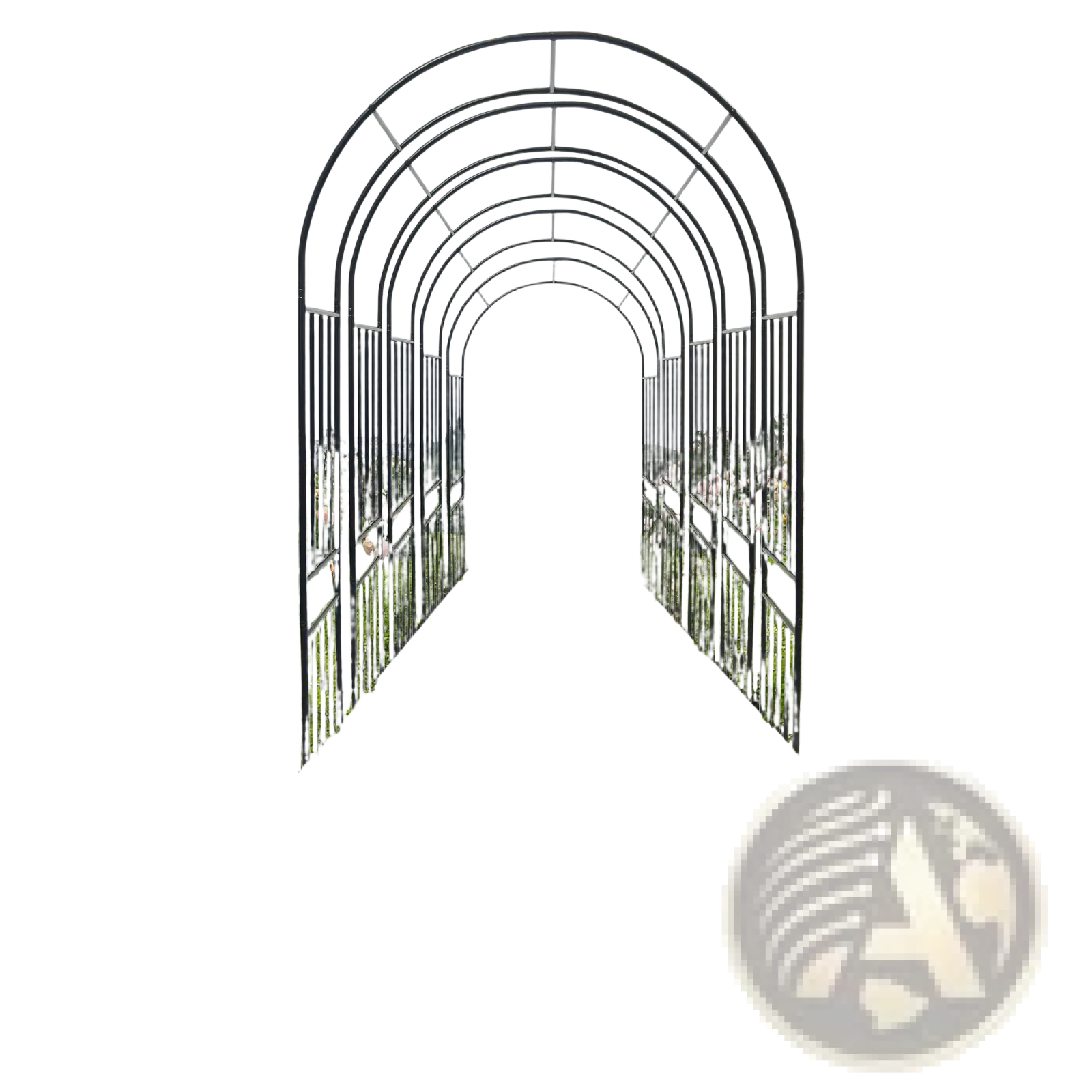 Black metal garden arch with vertical supports flanked by rose bushes and greenery in wrought iron design