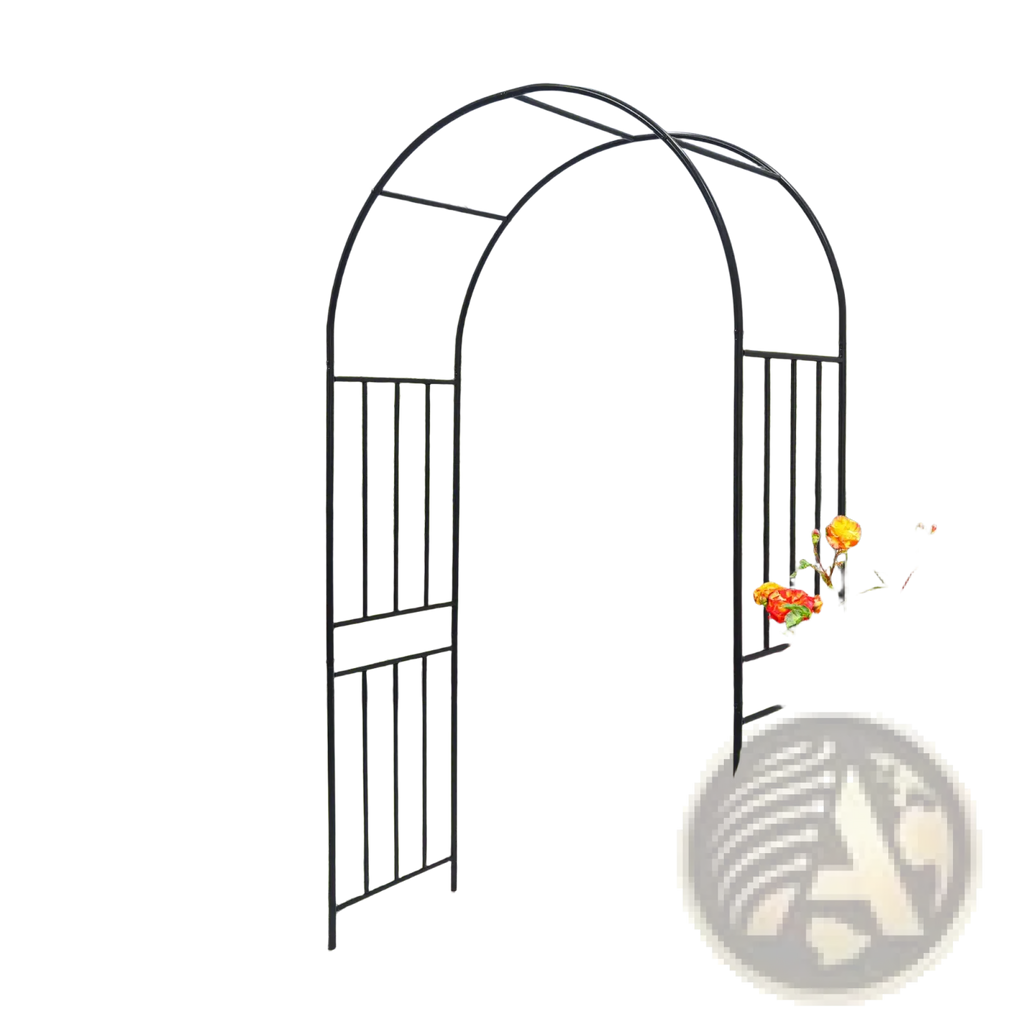 Black wrought iron metal garden arch with arched top and vertical bars for outdoor rose arbor use