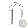 Black wrought iron metal garden arch with arched top and vertical bars for outdoor rose arbor use