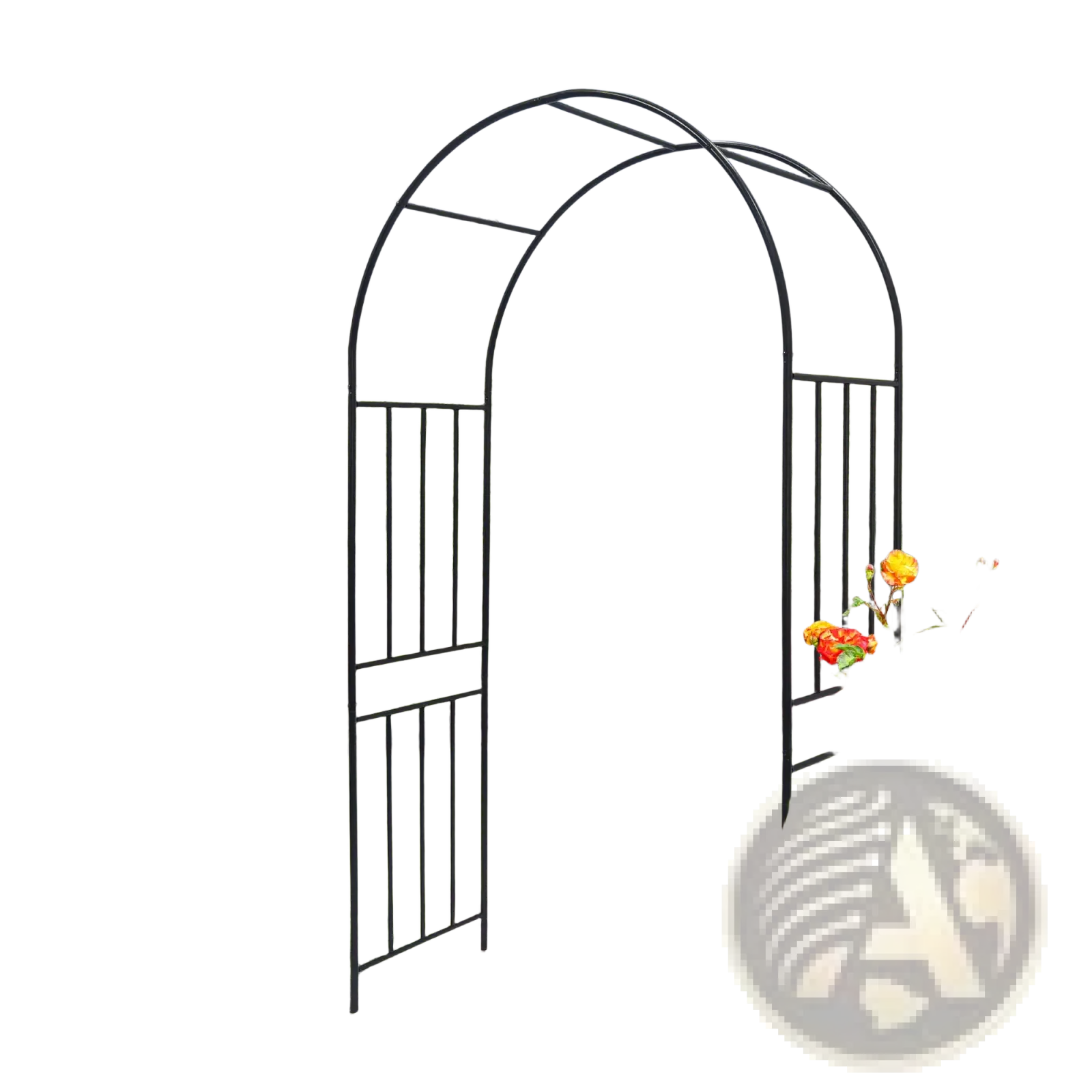Black wrought iron metal garden arch with arched top and vertical bars for outdoor rose arbor use